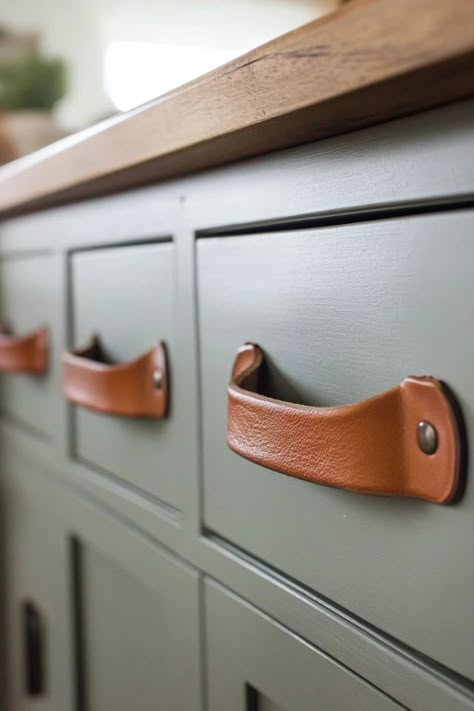 "Get creative with DIY Leather Pull Handles for a stylish cabinet update! 🛠️👜 Perfect for a personalized, high-end look. #DIYCabinetPulls #LeatherInspiration #HomeImprovement" Leather Door Pulls, Western Cabinet Hardware, Cabnit Handle Ideas, Unique Kitchen Cabinet Hardware, Leather Door Handles, Leather Kitchen Accessories, Leather Pulls For Cabinets, Drawer Handles Ideas, Leather Upcycle