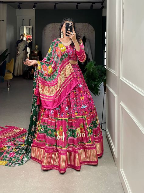 *🌷Lehenga choli🌷* we are presenting new collection in gaji silk material established with digital print, that represents a vibrant gujarati culture & true essence of our traditional chaniya choli. *Lehenga(Stitched)* Lehenga Fabric : Gaji Silk Lehenga Work : Digital Print With Lagadi Patta Waist : SUPPORTED UP TO 42 Lahenga Closer : Drawstring with Zip Stitching : Stitched With Canvas and and attached with double layer Can Can Length : 41 Flair : 3.40 Meter Inner : Micro Cotton *Blouse(U... Traditional Chaniya Choli, Gujarati Culture, Zip Stitching, Lehenga Stitched, Heavy Lehenga, Lehenga Fabric, Stitched Lehenga, Can Can, Silk Lehenga