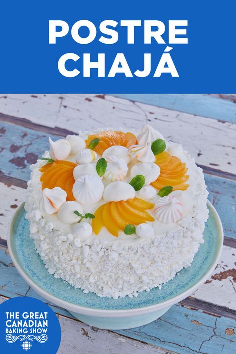 Postre Chajá is apopular Uruguayan cake that brings together peaches, meringues and whipped cream.🍊 Postre Chajá was the Technical Bake for Patisserie Week in Season 7 of The Great Canadian Baking Show. #baking #bakingrecipe #GCBS #greatcanadianbakingshow #BakingMagic #fallbaking Chaja Cake, Canadian Baking, Stabilized Whipped Cream, French Baking, 8 Inch Cake, Peach Syrup, Piping Tips, Cake Board, Fall Baking