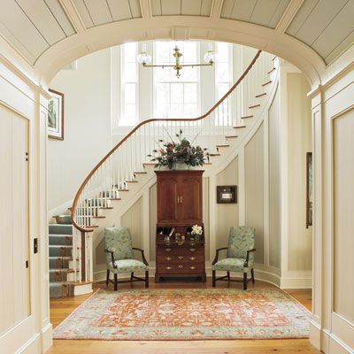 Beautiful entry and stairs...  Extraordinary curved stairs with step, wood and white.  Beautiful foyer Traditional Staircase, Hall Interior, Foyer Decorating, Southern Homes, Curved Staircase, Southern Home, Entry Hall, Future Lifestyle, Entry Way