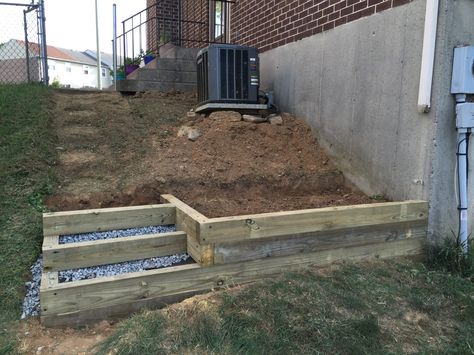 Slopes and hillsides always provide for a challenge in landscaping and pathways. This imgur gallery shares one great looking and functional solution. A brief project how to… Here’s the side yard on a slope overgrown with weeds and “steps” overdue for replacing. See how the air handler hangs precariously. First you need to gather supplies … Sloped Backyard Landscaping, Landscape Stairs, Sloped Yard, Side Yard Landscaping, Sloped Backyard, Side Yards, Garden Stairs, Wood Steps, Hillside Landscaping