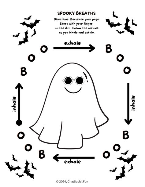 Practice the coping skills of mindful breathing with a spooky but cute twist. Ghost and bats.  Use finger trace breathing by following the word, "BOO," as you trace your finger around the ghost.  Mindful breathing is a helpful self regulation strategy to slow breathing, calm negative thoughts, and to feel more focused.  Bring on the coping skills!  Nice elementary school activity for Halloween. #mindfulnessactivities #breathwork #peaceful #meditationforbeginners #anxietyrelief #freebies Halloween Play Therapy, Halloween Therapy Worksheet, Halloween Counseling Activities For Kids, Halloween Therapy Activities For Teens, Halloween Group Therapy Ideas, Halloween Counseling Activities, Halloween Therapy Activities For Kids, Halloween Therapy Activities, Therapy Halloween Activities