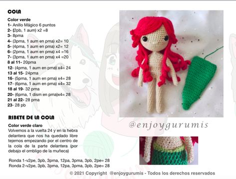 Ariel La Sirenita – Enjoygurumis Crochet Doll Clothes Free Pattern, Crochet Bear Patterns, Crochet Lion, Crochet Disney, Beginner Crochet Tutorial, Crochet Doll Clothes, Crochet Bear, Crochet Rug, Crochet Doll Pattern