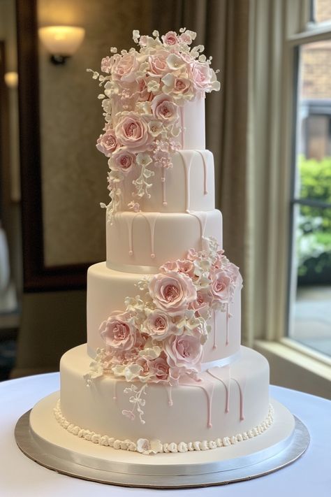 Wedding Cakes With Pink Flowers, Jello Play, Pink And White Wedding Cake, 5 Tier Wedding Cakes, Tropical Wedding Cake, Eucalyptus Wedding Bouquet, Pink And White Wedding, Wildflower Wedding Bouquet, Church Wedding Flowers