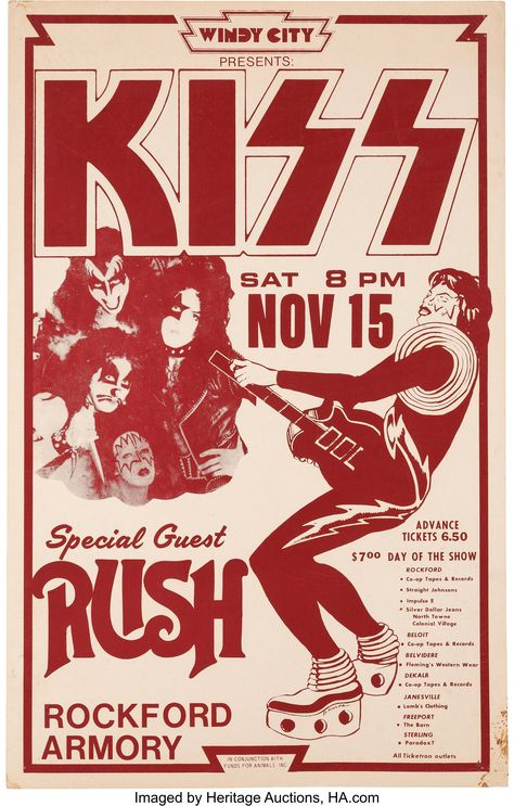 World's Largest Collectibles Auctioneer Rush Poster, Vintage Band Posters, Rockford Illinois, Kiss Concert, Music Concert Posters, Vintage Concert Posters, Rock Band Posters, Vintage Music Posters, Band Rock