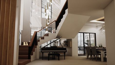 Piano Under Stairs, Modern Zen House, Modern Stair Railing, Zen House, Modern Stairs, Grand Piano, Under Stairs, Stair Railing, Railing