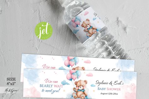 Teddy Bear Gender Reveal Water Bottle Labels, Blue and Pink Balloons Water Bottle Template, Edit Yourself, Personalised Party Favors, https://etsy.me/3JTvZz0 #blue #cardmakingstationery #paper #babyshower #pink #waterbottlelabels #waterbottlewrapper #edityourself Blue And Pink Balloons, Gender Reveal Water Bottle Labels, Teddy Bear Gender Reveal, Bear Gender Reveal, Bottle Template, Personalized Party Favors, Pink Balloons, Water Bottle Labels, Blue And Pink