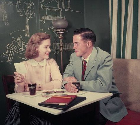 Couple Sitting At Table, 1950s Teenagers, Life In The 1950s, 40s Outfits, Sitting At Table, Bad Boy Style, Couple Sitting, Stylish Blazer, Jackets Men Fashion