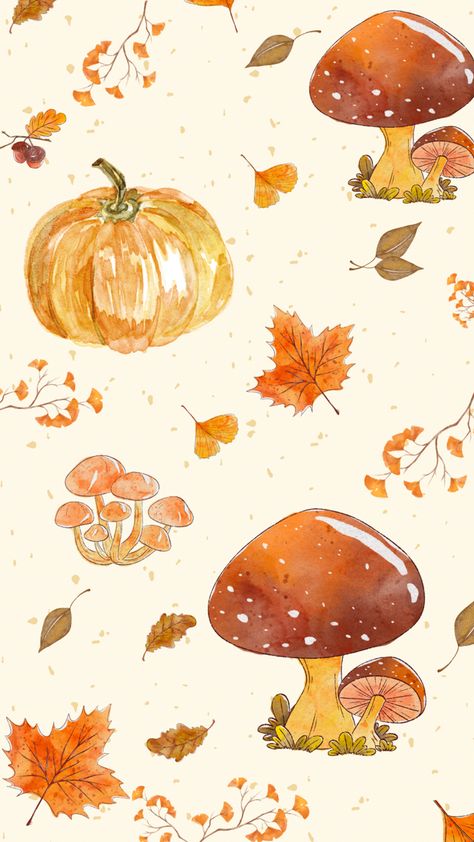 Cute mushrooms pumpkins and leaves wallpaper! Perfect for fall! Mushrooms Aesthetic Wallpaper, Cottage Core Fall Wallpaper, Fall Mushroom Art, Fireplace Makeover Tile, Fall Mushroom Wallpaper, Fall Mushrooms Aesthetic, Fall Mushrooms Wallpaper, Autumn Theme Wallpaper, Pumpkins And Mushrooms Art