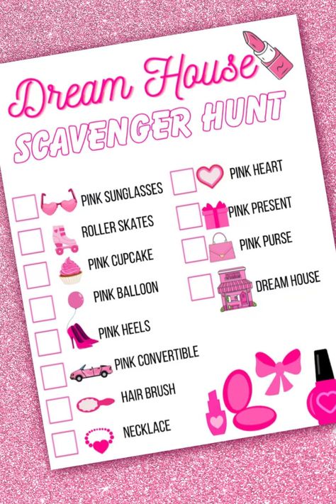 Bday Scavenger Hunt Ideas, Barbie Dance Camp Ideas, Barbie Theme Crafts, Barbie Sleepover Ideas, Barbie Themed Scavenger Hunt, Barbie Theme Party Activities, Games For Barbie Party, Barbie Games For Kids, Barbie Birthday Party Games For Kids