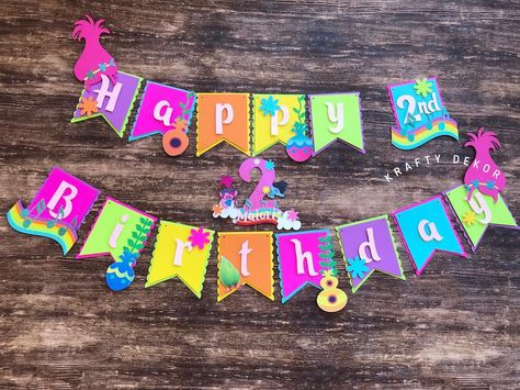 Diy Trolls Birthday Party, Birthday Banner Cake Topper, Trolls Cake, Diy Birthday Banner, Trolls Birthday Party, Troll Party, Cake Banner Topper, Rainbow Birthday Party, Birthday Girl Shirt