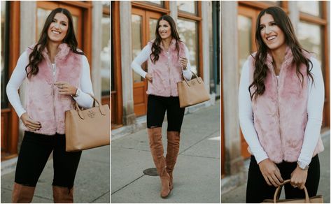 https://asoutherndrawl.com/2017/10/pink-faux-fur-vest/ Pink Fur Vest Outfit, Fur Vest Outfits, Pink Fur, Pink Faux Fur, Striped Turtleneck, Faux Fur Vest, Faux Fur Vests, Vest Outfits, Hey Girl