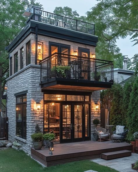 Tiny Industrial House, Industrial Style Tiny House, Sims Industrial House, Industrial Tiny House Exterior, Tiny House With Balcony 2 Story, Double Loft Tiny House Rustic, Modern Deck, Container Shop, Industrial House