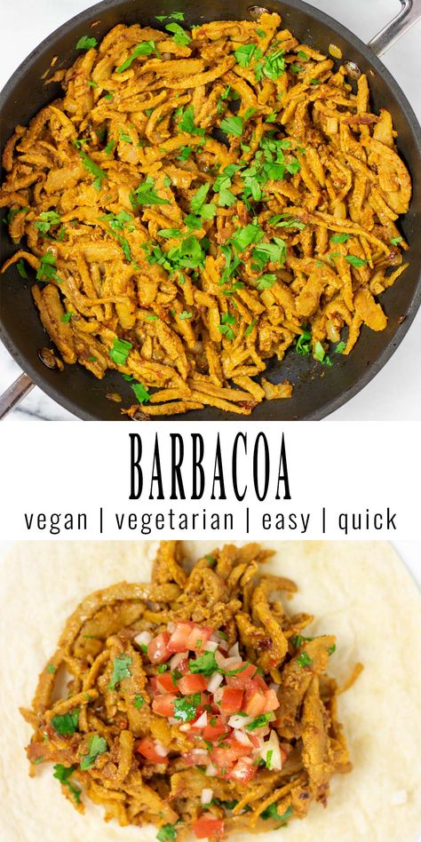 Collage of two pictures of the Barbacoa: Top picture is a view on a frying pan with the vegan beef, spiced with chipotle peppers and garnished with fresh cilantro. Bottom picture shows a serving of Barbacoa on tortilla with fresh salsa. The recipe title text is written between the two pictures. Vegan Barbacoa Recipes, Barbacoa Cauliflower, Vegan Chorizo Recipes Dinners, Vegan Beef, Vegan Christmas Recipes, Dairy Free Diet, Best Vegan Recipes, Healthy Comfort Food, Budget Friendly Recipes