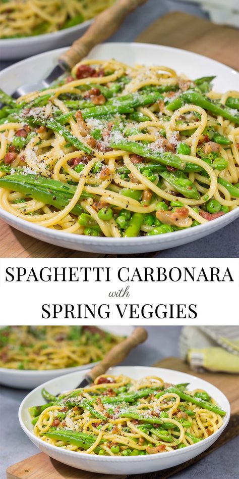 Spaghetti Carbonara with Spring Vegetables Spring Vegetables Recipes, Cold Pasta Dishes, Bacon Carbonara, Crazy Kitchen, Spring Veggies, Dinner Club, Best Pasta Recipes, Gourmet Dinner, Popular Food