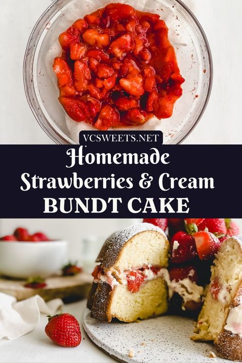 Celebrate berry season to the fullest with this decadent Strawberries and Cream Bundt Cake!! This show stopping dessert features a traditional moist and buttery sour cream cake. Divided into two layers, this lusciously golden cake is brushed with a strawberry syrup, layered with a cloud like whipped cream cheese filling and sweet strawberry sauce. to top it all off, it is generously dusted with powdered sugar and garnished with fresh berries!! Whipped Cream Cheese Filling, Southern Recipes Desserts, Homemade Strawberry Shortcake, Southern Cake, Golden Cake, Southern Desserts, Sour Cream Cake, Strawberry Syrup, Strawberry Sauce