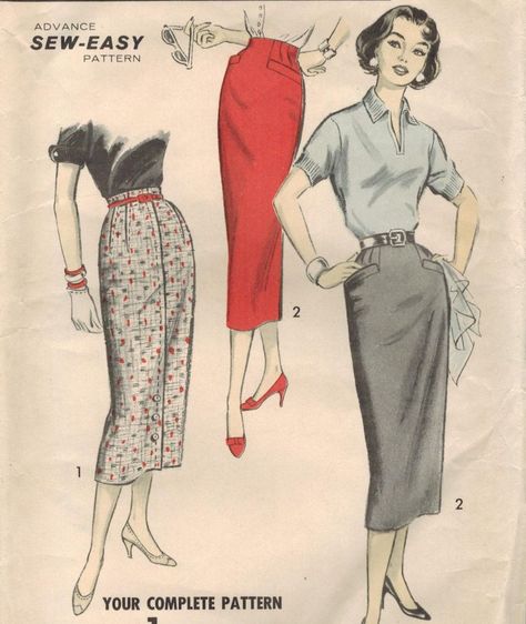 1950s Pencil Skirt, 1950s Vintage Fashion, 1950s Sewing Patterns, Vintage Fashion 1950s, Vintage Dress Patterns, Fashion 1950s, Dress Making Patterns, Vintage Skirts, Vogue Patterns