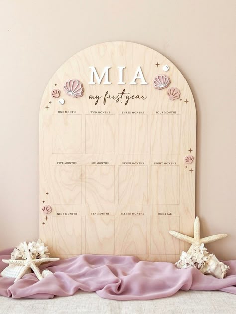 Capturing Milestone Memories: First Birthday Milestone Sign Ideas Seashell First Birthday, First Shellabration, Shellebrate First Birthday, One Year Of Baby Photo Board, My First Year Picture Display, One Year Photo Board, One Year Board, My First Year Board, Mermaid First Birthday Party