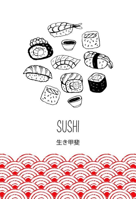 Set of hand drawn different Japanese sushi and rolls. Vector illustration. The hieroglyph means the Meaning of life. Sushi Aesthetic Art, Sushi Illustration Graphics, Kin Drink, Sushi Art Illustration, Sushi Graphic Design, Sake Illustration, Sushi Ads, Sushi Sketch, Sushi Doodle