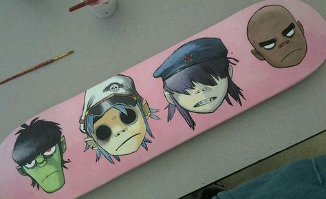 Gorillaz Skateboard by LuCkYrAiNdRoP Gorillaz Painting, Skateboard Design Diy Paint, Paintings On Skateboards, Skateboard Custom Paint, Skateboard Deck Art Anime, Custom Skateboard Decks Art, Skateboard Artwork, Painted Skateboard, Custom Skateboards