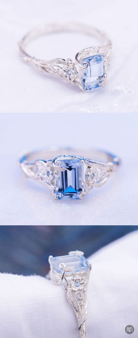 Engagement Rings With Aquamarine, Ocean Engagement Ring, Aquamarine Engagement Rings, Emerald Cut Aquamarine Ring, Aquamarine Ring Vintage, Blue Engagement Ring, Cute Engagement Rings, Emerald Cut Rings, Aquamarine Engagement Ring