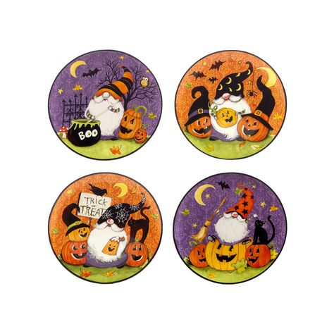 "If Halloween is your favorite holiday, this Certified International Halloween Gnomes four-piece dessert plate set is a must-have! If Halloween is your favorite holiday, this Certified International Halloween Gnomes four-piece dessert plate set is a must-have!  Freakishly fun and spooky Skeleton graphics Durable ceramic constructionWHAT'S INCLUDED Four 9-in. dessert plates Ceramic Dishwasher and microwave safe ImportedDETAILS 9\" x 1\" (each) Model no. 26123 Size: One Size. Color: Multi/None. Ge White Plastic Table, Dessert Halloween, Halloween Plates, Halloween Gnomes, Susan Winget, Target Gifts, Halloween Kitchen, Plastic Tablecloth, Halloween Magic