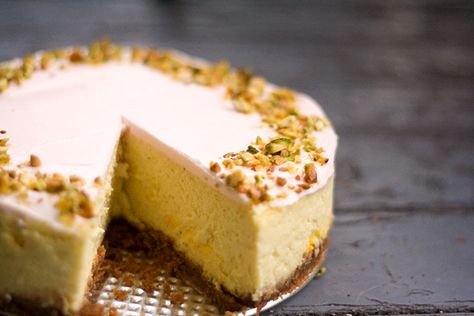 Yes, kids, you read that right: I made a cheesecake. My very first. And not a savory one either. Nope, this was a bona fide sugar bomb: N... Cardamom Cheesecake, Pistachio Cheesecake, Saffron Recipes, Simply Recipes, Eat Dessert, Rose Water, Cheesecake Recipes, Let Them Eat Cake, Food Cravings