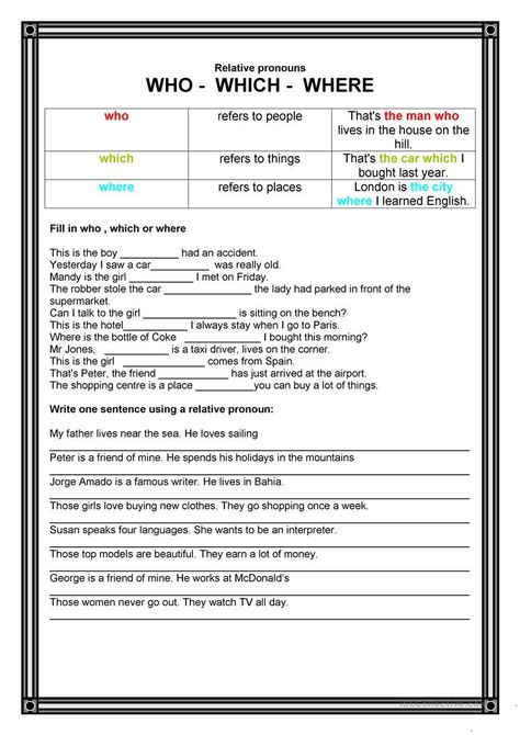 Relative Clauses, Relative Pronouns, English Exercises, English Grammar Worksheets, Grammar Practice, Grammar Activities, Teaching Grammar, English Activities, Grammar Lessons