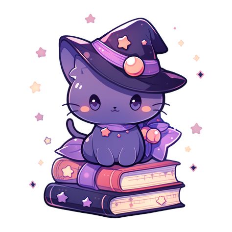 Cute Kawaii Halloween Purple Kitty Happy Witches Cat on Spell Books Sticker Kawaii Halloween Drawings, Cute Witch Drawing, Cute Witch Illustration, Kawaii Halloween Art, Kawaii Magic, Kawaii Bat, Kawaii Witch, Witches Cat, Witch Drawing