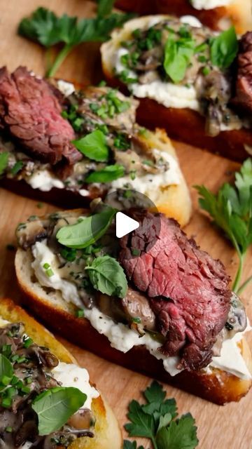 Foodsteer on Instagram: "Steak, Mushroom, & Burrata Crostinis
by @dennistheprescott 

2 tablespoons olive oil, plus more for drizzling
1 pound thinly sliced cremini mushrooms
1 tablespoon thyme leaves
2 garlic cloves, minced
1/4 cup heavy cream
2 tablespoons neutral oil (like grape seed or avocado)
1 X 1 1/2 inch-think hanger steak, at room temperature
2 tablespoons butter
1 ball of creamy burrata
1/2 large baguette, sliced and toasted
1/4 cup minced chives
1/4 cup basil leaves
Sea salt and cracked black pepper
Lemon wedges, for squeezing if ya want

Heat a skillet over medium-heat and pour in the olive oil. Add the mushrooms and thyme and cook until browned all over. Add the garlic, season with a good pinch of salt and pepper, then add the cream and cook until glossy and thickened. Heat a Mushroom Burrata, Teriyaki Steak, Toasted Baguette, Hanger Steak, Steak And Mushrooms, Cremini Mushrooms, Rib Eye, Lemon Wedge, Basil Leaves