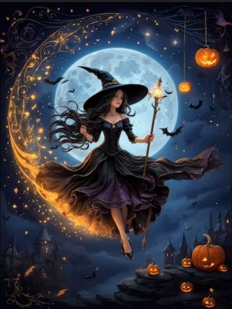 Flying Witch Tattoo, Happy Halloween Pictures, Witch Flying, Baba Jaga, Autumn Witch, Witch Pictures, Halloween Kunst, Fantasy Witch, Halloween Wallpaper Cute