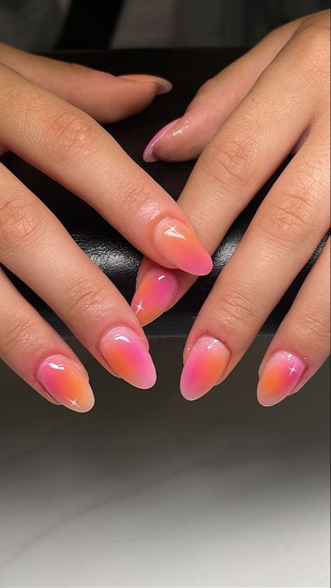 Take My Picture Nails, Short Almond Nails Aura, Home Done Nails, Aura Nails Multicolor, Nails Acrylic Aura, Short Almond Aura Nails, Short Almond Summer Nail Ideas, Short Summer Nails Almond, Nail Ideas Aura