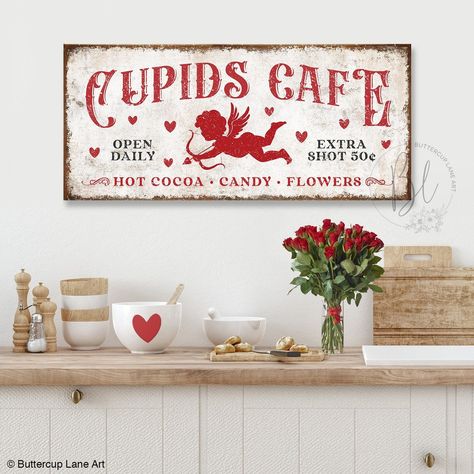 Cupid's Cafe Valentine's Day Sign, Rustic Kitchen Sign, Farmhouse Kitchen Wall Art Decor, Vintage Style Valentine's Day Gift VDS101 Valentines Signs, Farmhouse Kitchen Wall Art, Farmhouse Valentine Decor, Farmhouse Kitchen Wall, Retro Country, Candy Flowers, Cottage Vintage, Valentines Sign, Kitchen Decor Wall Art