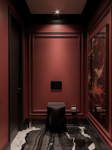 BATHROOM INTERIOR DESIGN on Behance Red Toilet Design, Luxury Wc Design, Restaurant Bathroom Ideas, Dark Red Bathroom, Luxe Bathroom Decor, Repetition Design, Red Bathroom Ideas, Red Toilet, Burgundy Bathroom