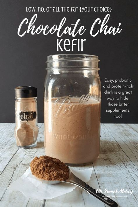 This easy Chocolate Chai Kefir is rich in probiotics and protein, sugar free, and low, no, or all the fat (your choice). Perfect for hiding bitter supplements, too! #kefir #chocolate #chai #recipes #thm Milk Kefir Recipes, Kefir Benefits, Chocolate Chai, Kefir Recipes, Milk Kefir, Fermentation Recipes, Fermented Drink, Probiotic Foods, Thm Recipes