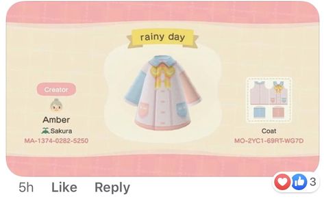 Acnh Raincoat Designs, Acnh Raincoat, Animal Crossing Pro Design, Code Clothes, Acnh Clothes, Rain Design, Animal Crossing Qr Codes Clothes, Animal Crossing Qr, Qr Codes