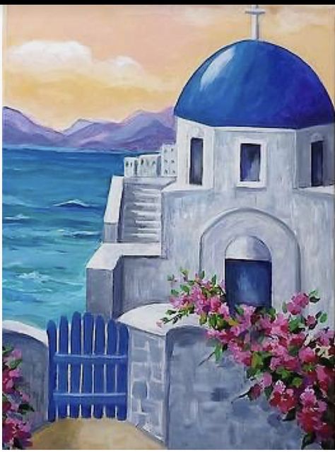 Greece Painting, Greek Paintings, Easy Landscape Paintings, Greece Art, Landscape Art Print, Cat Air, 수채화 그림, Greek Art, Greek Island