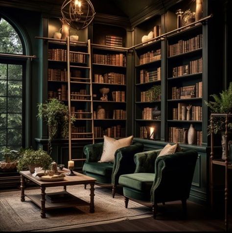 Cozy Home Library, Home Library Rooms, Dark Home Decor, Home Library Design, Dark Home, Sopot, Home Libraries, Dream House Rooms, Dream House Interior