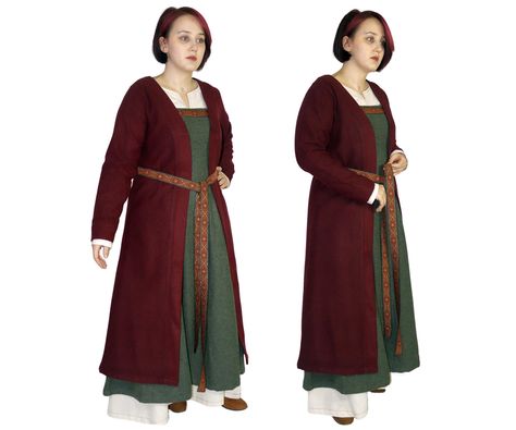 PRICES MAY VARY. HISTORY and FEATURES of BIRKA COAT: Our Medieval Viking Birka coat is an based on findings from a woman's grave in Birka (in Sweden). The long-sleeved coat made from our woolen fabric.This medieval Viking Birka Coat has neither buttons nor loops. İt is closed with a brooch. it can also be worn and girded like an overgarment. MATERIAL : 20% Wool, 60% Polyacrylic, 20% Polyester 300 gr/m2. The wool is woven double-sided in a special historical pattern, whereby the wool is woven fla Viking Garb, Viking Women, Viking Clothing, Early Medieval, Apron Dress, Long Sleeves Coats, Woolen Coat, Women's Costumes, Costume Accessories