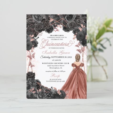 Gold Quinceanera, Rose Gold Quinceanera, Quinceanera Dresses Gold, Dresses Gold, Black And Rose Gold, Blue Invitation, Rose Gold Flower, Invitation Background, Quinceanera Party