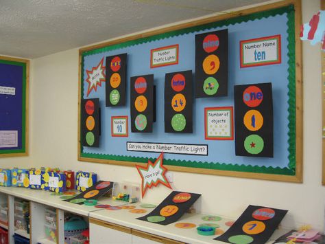 Number traffic lights from Isabel Class Display Ideas, Light Bulletin Board Ideas, Lights Classroom, Birthday Graph, Preschool Bible Activities, Literacy Display, Number Representation, Reception Classroom, Reading Tree