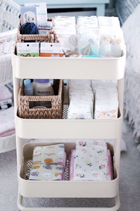 My Nursing Station Setup & Stylish Nursing Cart Roundup Ikea Nursery Hack, Nursery Hacks, Ikea Raskog, Ikea Nursery, Baby Nursery Organization, Baby Nursery Inspiration, Baby Room Organization, Baby Storage, Nursery Room Design