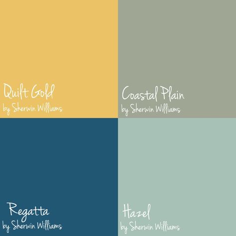 Roxie's favorite door color picks for 2017. Quilt Gold, Coastal Plain, Regatta, and Hazel all by Sherwin Williams. Rv Color Schemes, Yellow House Exterior, Media Room Paint Colors, Oasis Decor, Yellow Kitchen Cabinets, Coastal Plain, House Color Palettes, Colors Schemes, Yellow Houses