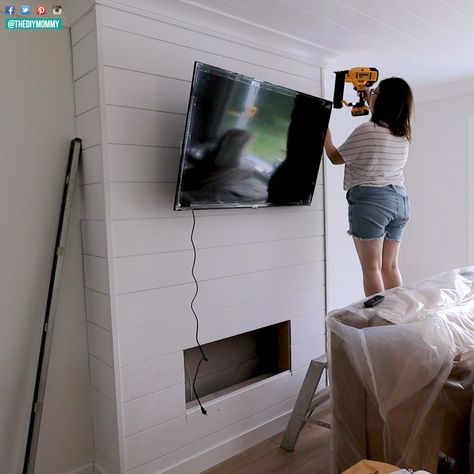 Fireplace And Tv Wall, Electric Fireplace And Tv, Diy Electric Fireplace, Mdf Trim, Fireplace And Tv, Caulk Paint, Fireplace Feature Wall, Fireplace Diy, Diy Mommy