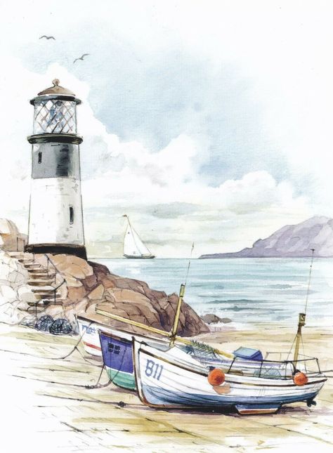 Lighthouse Drawing, Watercolor Boat, Painting On Canvas For Beginners, Beach Art Painting, Black Canvas Paintings, Watercolor Art Landscape, Sailboat Art, Lighthouse Painting, Lighthouse Art