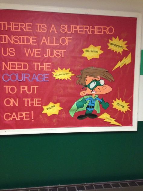 Courage bulletin board: Courage Bulletin Board, Hero Bulletin Board, Bulletin Board Printables, Superhero School Theme, Superhero Bulletin Boards, Hero Classroom Theme, Counseling Bulletin Boards, Superhero School, Superhero Classroom Theme