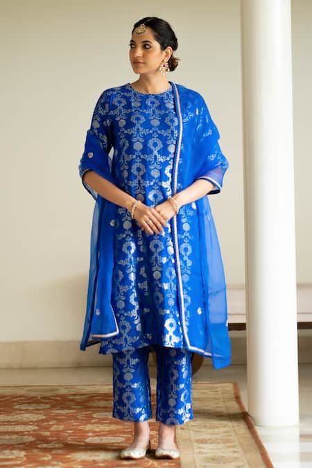 Khatwork Kurti, Brocade Salwar Suit, Brocade Suit Design, Stylish Suit Designs, Banarsi Suit, Hand Embroidered Dupatta, Blue Kurta, Kurta Pant Set, Anarkali Dress Pattern