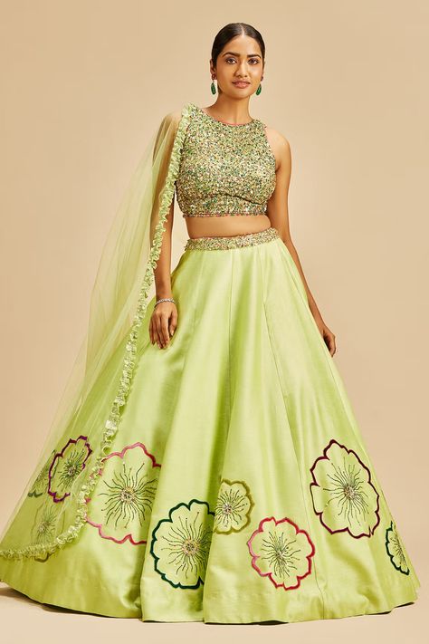 Nitika Gujral | Designer Kurta Sets, Lehengas, Sarees for Women Green Lehenga Choli, Lehenga And Blouse, Designing Clothes, Raw Silk Lehenga, Lehnga Dress, Applique Work, Gaun Fashion, Green Lehenga, Indian Dresses Traditional