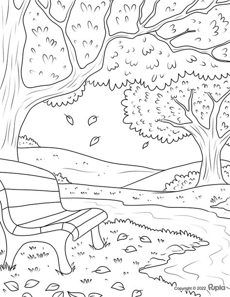 Fall Forest Bench Coloring Page Free Printable Coloring Pages For Adults Easy, Scenery Coloring Pages, Landscape Coloring Pages, Forest Coloring Pages, Forest Coloring Book, Coloring Pages Nature, Journal Inserts, Adjective Worksheet, Arts And Crafts For Adults