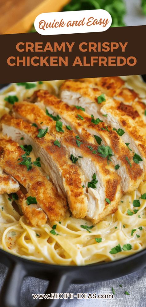 Savor the rich flavors of Crispy Chicken Fettuccine Alfredo, a dish that combines tender fettuccine pasta with perfectly cooked crispy chicken in a creamy alfredo sauce. This easy recipe guides you through creating the ultimate comfort food, right at home. It's perfect for weeknight dinners or special occasions alike. Learn tips and tricks for achieving the ideal texture and flavor balance that will impress your loved ones. Enjoy a taste of restaurant-quality cuisine with every delightful bite! Crispy Chicken Alfredo Pasta, Best Chicken Fettuccine Alfredo Recipe, Crispy Chicken Alfredo, Chicken Alfredo Pasta Recipes, Alfredo Fettuccine Recipe, Easy Chicken Fettuccine Alfredo, Chicken Fettuccine Alfredo Recipe, Veggie Alfredo, Alfredo Fettuccine